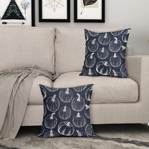 Dark Blue Fall Pumpkin Pillow Covers 20x20 Set of 2 Autumn Themed Thanksgiving Cream Print Decorative Throw Pillows Outdoor PillowCase Farmhouse Linen Cushion Case Decor for Home Sofa Couch Bed - Image 3
