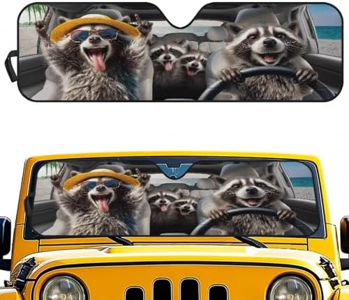 Renewold Automotive Windshield Sunshade Car Front Window Sun Shade for Jeep Wrangler JK JKU JL JLU 1997-2023 2&4 Door Gladiator JT 2020-2023 Funny Raccoon Driving Auto Sun Visor Shield Car Interior