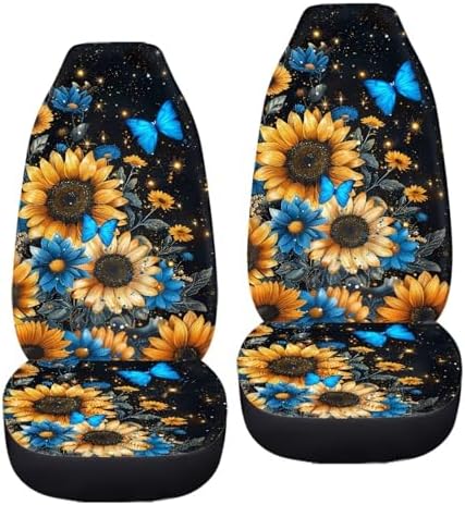 BIGCARJOB Sunflower Car Accessories Sets 2 Pcs Auto Front Seat Protector Butterfly Print Car Seat Cover Sets for Womens Girly Cute Car Interior Seat Cushion Pads