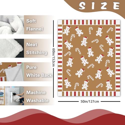 Christmas Gingerbread Man Flannel Throw Blanket, Cute Xmas Candy Cane - Image 3