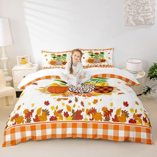 Happy Fall Kids Duvet Cover Set Twin Size,Pumpkin Sunflowers Maple Leaf Bedding Set,Girls Boys Adults Room/Cabin Decor,Geometric Grids Patch Comforter Cover,Rustic Bright Quilt Cover,1 Pillowcase by Manfei