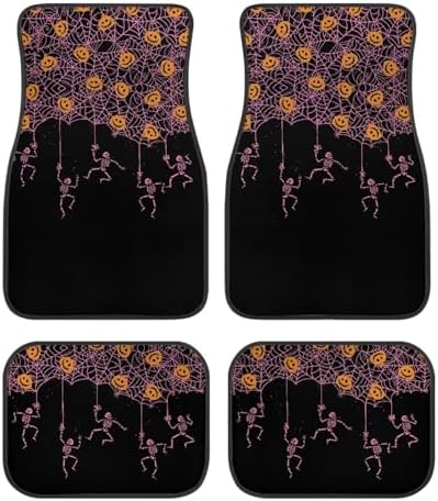 Pink Spider Web Skeleton Black Print Funny Halloween Car Floor Mats 4 PCS, Cute Durable Interior Accessories for Car SUV, All Weather Floor Mats with Front Rear Trunk Liners Set for Party