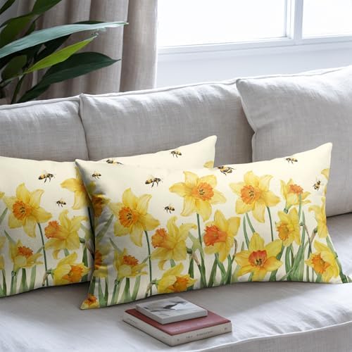 Spring Pillow Covers 12x20 Set of 2 Yellow Floral Throw Pillow Covers Rustic Flower Pillowcase Linen Decoration Farmhouse Soft Decorative Bee Summer Cushion Case Couch for Indoor Outdoor Home Decor - Image 7