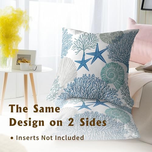 Summer Ocean Themed Nautical Coastal Throw Pillow Covers 20X20 Inches Set of 2 Blue Seashell Starfish Coral Pillowcase Soft Cotton Square Cushion Covers for Home Sofa Patio Bedroom Decoration - Image 5