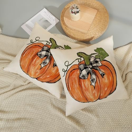 Fall Pillow Covers 18x18 Set of 2 Orange Pumpkin Leaves Fall Decor Pillowcase Autumn Harvest Thanksgiving Decorative Outdoor Throw Pillow Covers Linen Farmhouse Cushion Case for Couch Home - Image 5