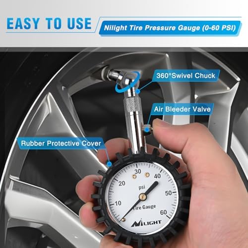 Nilight Tire Pressure Gauge 60PSI Stainless Steel Air Chucks