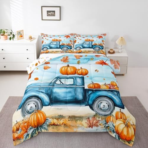 Erosebridal Pumpkin Comforter Set Cartoon Car Bedding Comforter Sets Blue Pumpkin Bedding for Toddler Youth, Boys Autumn Leaf Duvet Insert 3Pcs Fall Decor - Queen, 1 Comforter with 2 Pillowcases by Erosebridal