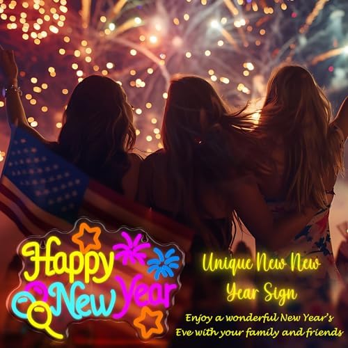 Happy New Year Neon Sign Light USB Powered LED Happy New Year Neon Sign Balloon Fireworks Window Lights for Bedroom Wall Decor 2026 Spring Festival Party Supplies - Image 7