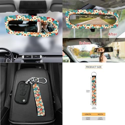 Colorful Hippie Daisy Print 15Pcs Car Seat Cover Full Set Car Steering Wheel Cover Seat Belt Cover Trash Bin Air Vent Storage Box Front Rear View Mirror Car Cup Holder Keychain