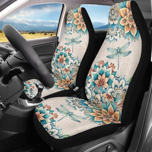 Bohemian Dragonfly Automotive Seat Covers for Cars Truck and SUV，Boho Car Seat Covers for Front Seats,Driver Seats Protection Mat Accessory for Women，Universal Fit Non Slip Auto Seat Set