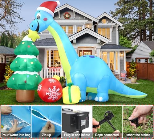 13.6 Ft Long Christmas Inflatable Decorations, Huge Xmas Inflatable Dragon Dinosaur with Trees Gift Hats Decors Built-in LED Lights Stakes Blow Up Yard Lawn Garden Party Santa Inflatables de Navidad - Image 3
