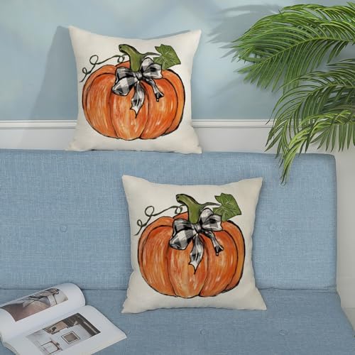Fall Pillow Covers 18x18 Set of 2 Orange Pumpkin Leaves Fall Decor Pillowcase Autumn Harvest Thanksgiving Decorative Outdoor Throw Pillow Covers Linen Farmhouse Cushion Case for Couch Home - Image 3