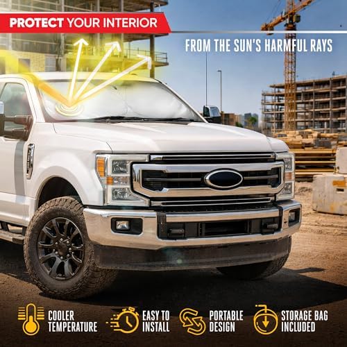 Motor Trend Custom Fit Ford Super Duty Sun Shade for Windshield 2017-2026 Ford F-250 F-350 F-450 F-550 Accessories - Truck Windshield Sunshade Foldable Car Sun Blocker - Interior UV Protection Visor