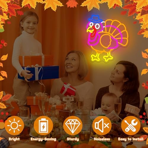 Turkey Neon Sign Thanksgiving Led Sign Dimmable Flashing Light Up Turkey Harvest Festival Party Decorations Fall Led Lights Give Thanks Window Lights Gift - Image 6
