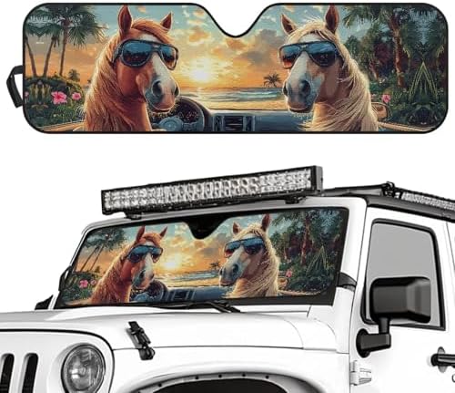 Renewold Automotive Windshield Sunshade, Foldable Car Front Window Sun Shade, Blocks Heat UV Rays Sunlight Sun Visor, Keep Cool Shield Cover, Funny Horse Driving, for Jeep Wrangler JK JL Gladiator JT