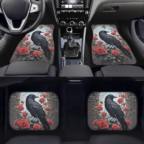 Black Raven Print Car Rubber Floor Mat 4PCS Rose Flower Forest Bird Pattern Front and Rear Mats Non-Slip Floor Mats Heel Pad Fit for SUV Van Truck Car