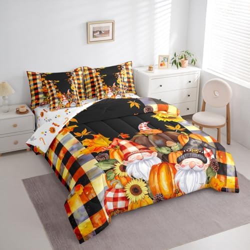 Erosebridal Fall Gnome Full Comforter Set 7 Pieces,Bed in a Bag Full,Autumn Maple Leaves Thanksgiving Pumpkin Bedding Set with Santa Dwarf Fall Decorations for Home Comforter,Flat Sheet,Fitted Sheets - Image 2