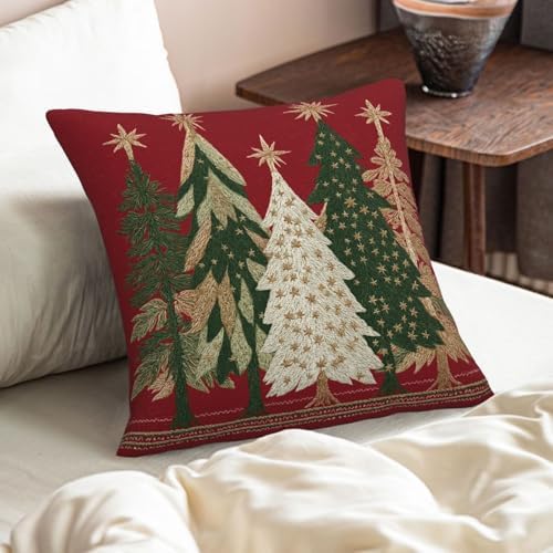 KiuLoam Red Christmas Pillow Covers 16x16 Set of 2 Gold Green Christmas Tree Print Decorative Outdoor Throw Pillow Cases Winter Holiday Cushion Covers for Sofa Bed Couch Living Room Decor - Image 6