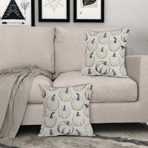 Dark Blue Pumpkin Fall Pillow Covers 22x22 Set of 2 Autumn Themed Thanksgiving Harvest Print Decorative Throw Pillows Outdoor Farmhouse Pillowcases Cushion Case Seasonal Decor for Couch Sofa Bed - Image 3