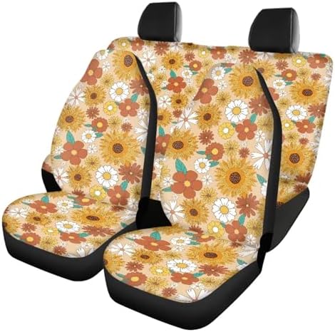 Retro Sunflower Flowers and Trippy Hippie Car Accessories 60S 70S Groovy Daisy Floral Print Front Black Seat Covers Full Set of 4 Pcs Aesthetic Accessories for Cars Truck Vehicle Interior