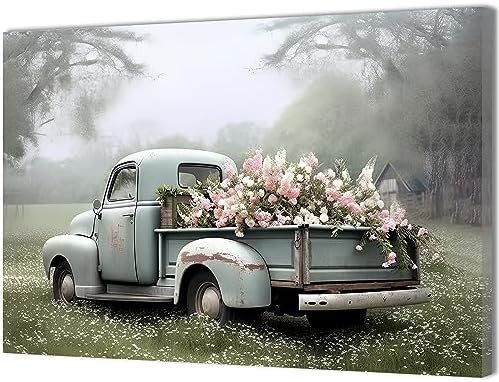 QIXIANG Farmhouse Truck Canvas Wall Art Old Car and Pink Flower Picture Prints for Bedroom Home Living Room Decor with Framed (12.00" x 18.00", Truck) by QIXIANG