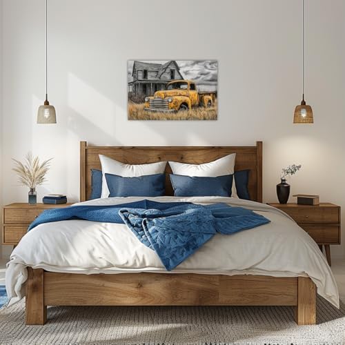 AWPANERAR Rustic Farmhouse Wall Decor Old Truck Canvas Print Car Painting Vintage Truck Poster Living Room Decor Frame (Yellow, (12.00" x 18.00")) - Image 2