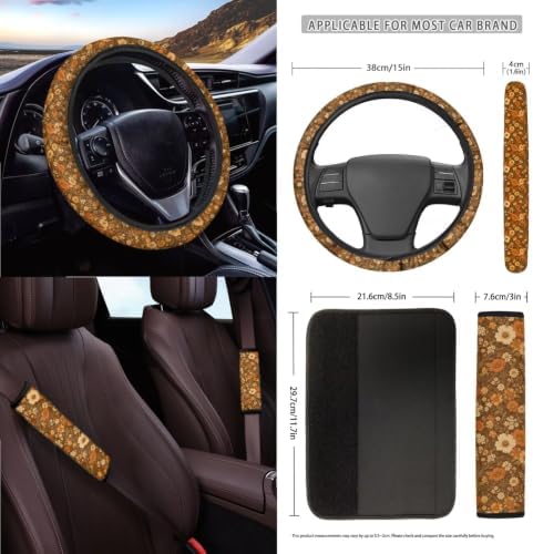 15Pcs Car Seat Cover Full Set Car Steering Wheel Cover Seat Belt Cover Trash Bin Air Vent Storage Box Front Rear View Mirror Car Cup Holder Keychain, Cottagecore Retro Fall Flower