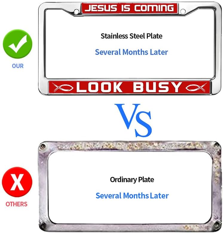 Jesus is Coming License Plate Frame Anti-Theft Christ Fish Power Stainless Steel License Plate Frame Jesus is the Way License Plate Frame for Patriotic People with Screws Caps