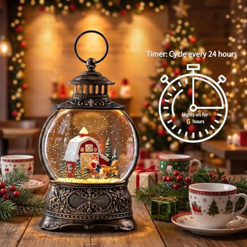 Christmas Snow Globes Christmas Water Lantern with Carriage Red barn Farm Scene Music & 6H Timer USB Lined/Battery Operated Lighted Lanterns for Xmas Festival Decoration - Image 2