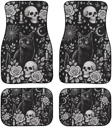 Gothic Skull Carpet Vehicle Floor Mats Retro Halloween Cat Skull 4Piece Universal Floor Mat Interior Horrible Gothic Black Cat Rose Accessories Ant Slip Mats for 1st Row