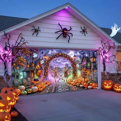 Halloween Garage Door Cover 8x7ft Dancing Skeleton Pumpkin Arch Ghost Decor - Image 3