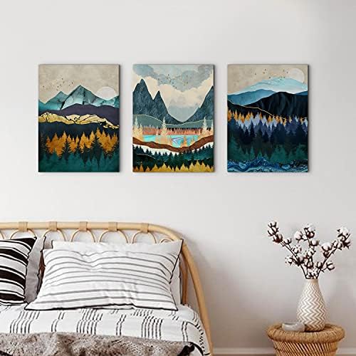 Boho Forest Wall Art Teal Green Abstract Mountain Pictures for Living Room Gold Bird Nature Wall Decor Minimalist Artwork Canvas Prints Geometric Nordic Painting Bedroom Home Decoration 16x24" 3Pcs - Image 3