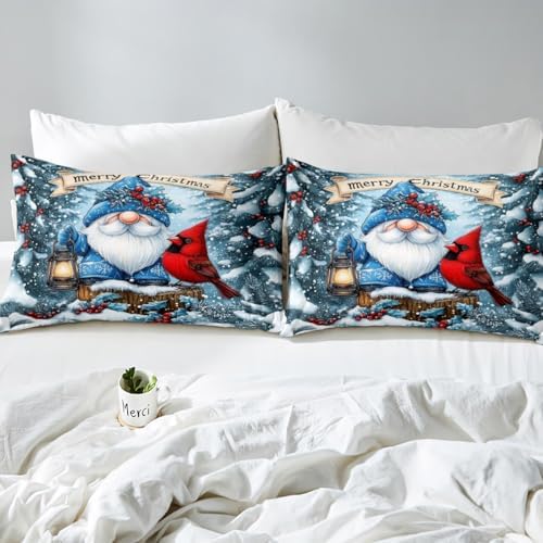 Manfei Kawaii Santa Claus Kids Duvet Cover Set Queen Size,Poinsettia Cardinal Christmas Birds Bedding Set,Holly Berries Winter Snowflake Room Decor,Blue Red Quilt Cover,2 Pillowcases(No Comforter) - Image 7