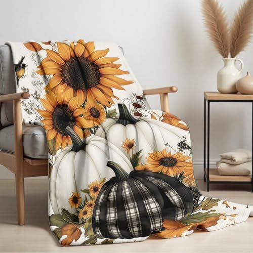 Fall Blankets and Throws White Pumpkin Print Blanket for Couch Bed Room Home Autumn Harvest Flannel Throw Thanksgiving Decor Gifts (49"x59") - Image 3