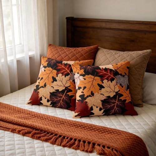 Fall Leaf Pillow Covers 16x16 Set of 2 Black Orange Maple Leaves - Image 7