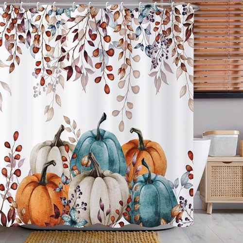 Fall Shower Curtain, Watercolor Autumn Leaves Pumpkins Harvest Fruits Thanksgiving Day Bathroom Curtain Waterproof Fabric Machine Washable with Hooks, 36" Wx72 L by Caheansi