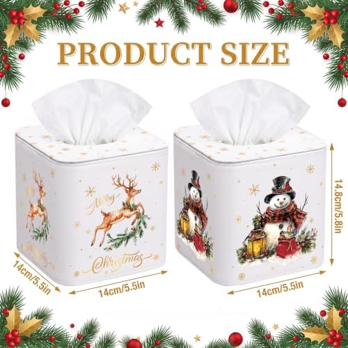 Thyle 2 Pcs Christmas Square Tissue Box Cover PU Leather Reindeer Snowman Tissue Box Holder Closure Xmas Decorations Cube Napkin Holder for Kitchen Car Home Office Living Room Bedroom - Image 2
