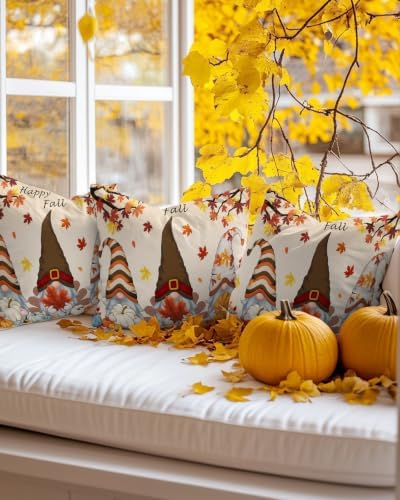 Fall Gnomes Pumpkin Pillow Covers 12x20 Inch Set of 2, Thanksgiving Decorations Indoor Outdoor Throw Pillow Covers, Maple Leaves Cotton Linen Pillowcases for Patio Sofa Couch Bedroom Decorative - Image 4