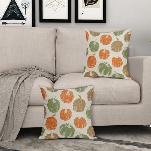 Brown Orange Green Pumpkin Fall Pillow Covers 18x18 Set of 2 Autumn Harvest Print Thanksgiving Decorative Throw Pillows Outdoor Farmhouse Cushion Case Seasonal Decor for Couch Sofa Bed - Image 3