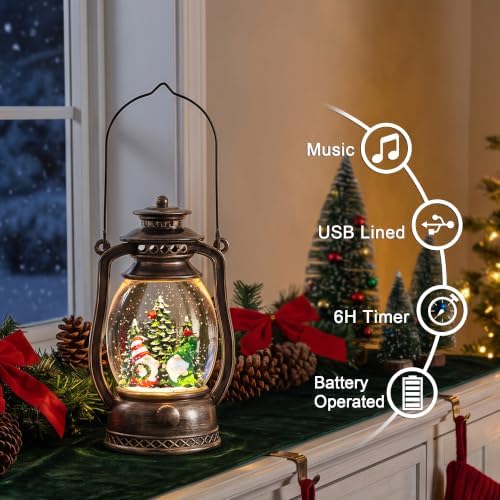 Christmas Snow Globe Lantern with LED Lighted Water Glitter, Hanging Kerosene Style Santa Tree Scene, Vintage Bronze Tabletop Holiday Decoration Gifts - Image 4