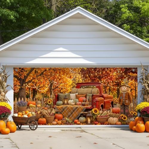 Fall Garage Door Cover 8x7ft Red Truck Pumpkin Scarecrow Harvest Decor - Image 2