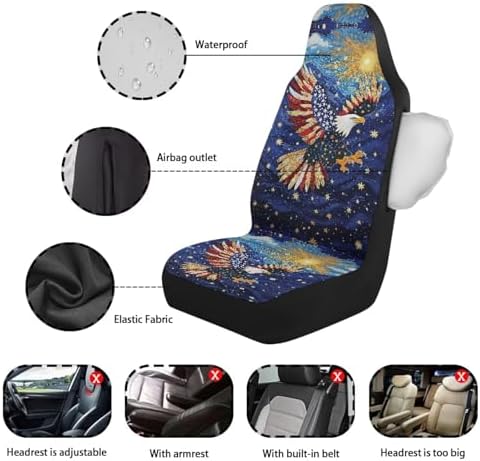 Bulopur Eagle American Flag Front Seat Car Covers Set of 2 Anti-Scratch Waterproof Auto Bucket Covers with Side Airbag Vehicle Cushion Cover Universal for Most Cars SUV Truck