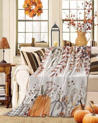 DecorLovee Orange Grey Fall Blanket 40"x50", Reversible Thanksgiving Throw Blanket for Couch/Bed/Camping, Botanical Farmhouse Lightweight Soft Throw Blankets for Girls, Warm Fuzzy Blankets for Winter - Image 2