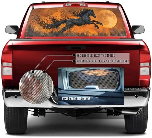 Moonlit Runing Horse Truck Rear Window Graphic Decals, Vintage Glam Fire Animal Pickup Car Window Stickers Truck Back Window Film Decal for Trucks SUV 66 x 22 inch