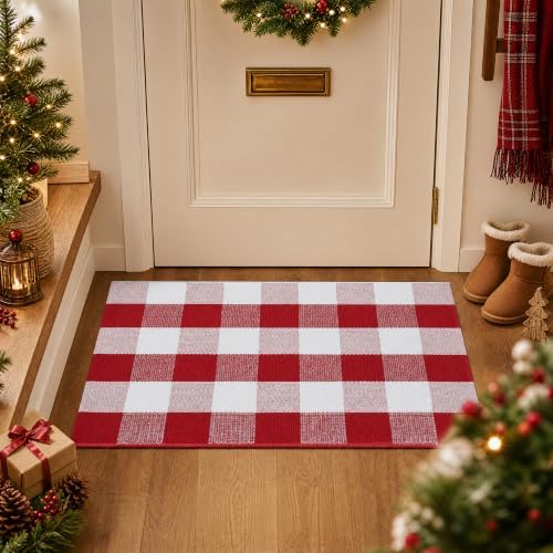 Christmas Red and White Plaid Rug 24 x 36 Inches, Cotton Hand-Woven Buffalo Check Door Mat, Washable Layered Entryway Rug for Front Porch, Kitchen and Holiday Decor - Image 2
