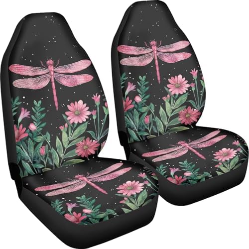 Talayituse Dragonfly Flower Leaf Print Car Seat Covers Full Set of 2 Vehicle Protector Front Seats Covers Stretchy Washable Car Accessories Bucket Seat Cover