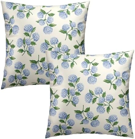 Sweetshow Blue Green Hydrangea Flower Throw Pillow Covers 16X16 Inches Set of 2 Spring Summer Floral Pillowcase Soft Cotton Square Seasonal Cushion Covers for Living Room Sofa Bedroom Decor - Image 2
