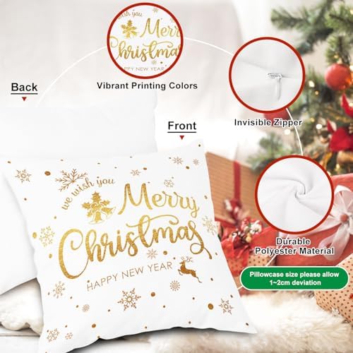Lanpn Christmas Throw Pillow Covers 12x12 4 pcs, 12 inch White and Gold Bronzing Decorative Xmas Cushion Covers Pillow Cases 12 x 12 for Home Bedroom Room Holiday Couch Decor Decorations - Image 6