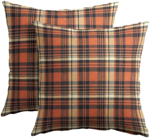 Fall Orange Plaid Throw Pillow Covers 24x24 Set of 2 Autumn Tartan Gingham - Image 2
