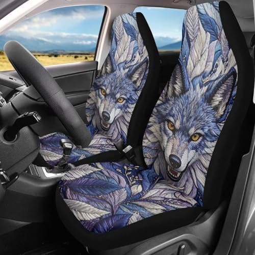 Purple Wolf Floral Car Front Seat Covers Set of 2, Trippy Style Decorative Breathable Seat Protectors for Women, Universal Fit SUV Sedan Truck